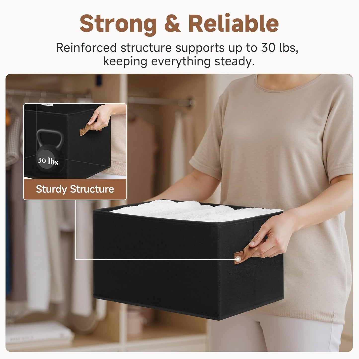 SroageWorks Storage Baskets for Shelves, Foldable Fabric Closet Storage Bins with Handles, Clothes Organizer Laundry Baskets, Black, 3-Pack, Large