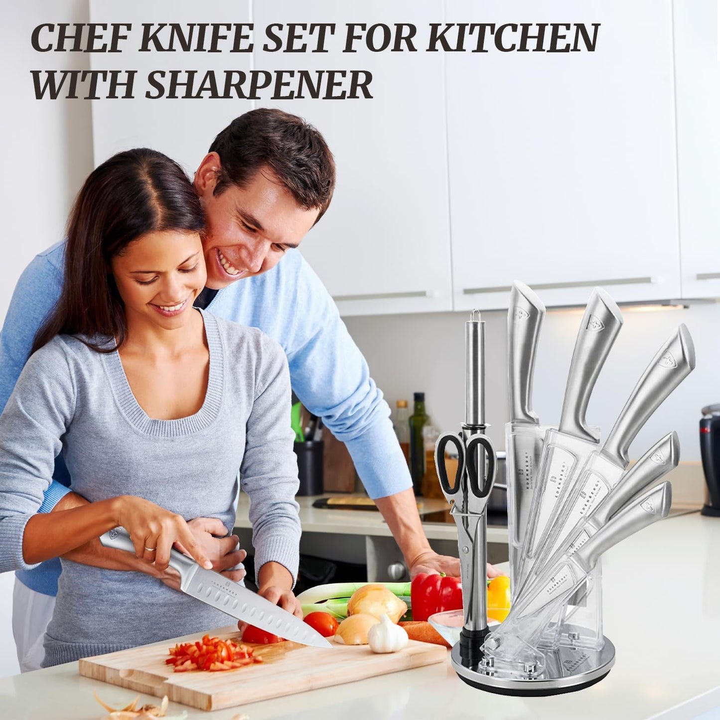 Kitchen Knife Set, Retrosohoo 9-Piece Silver Sharp Non-Stick Coated Chef Knives Block Set,Stainless Steel Knife Set for Kitchen with Sharpener for Cutting Slicing Dicing Chopping (Silver)