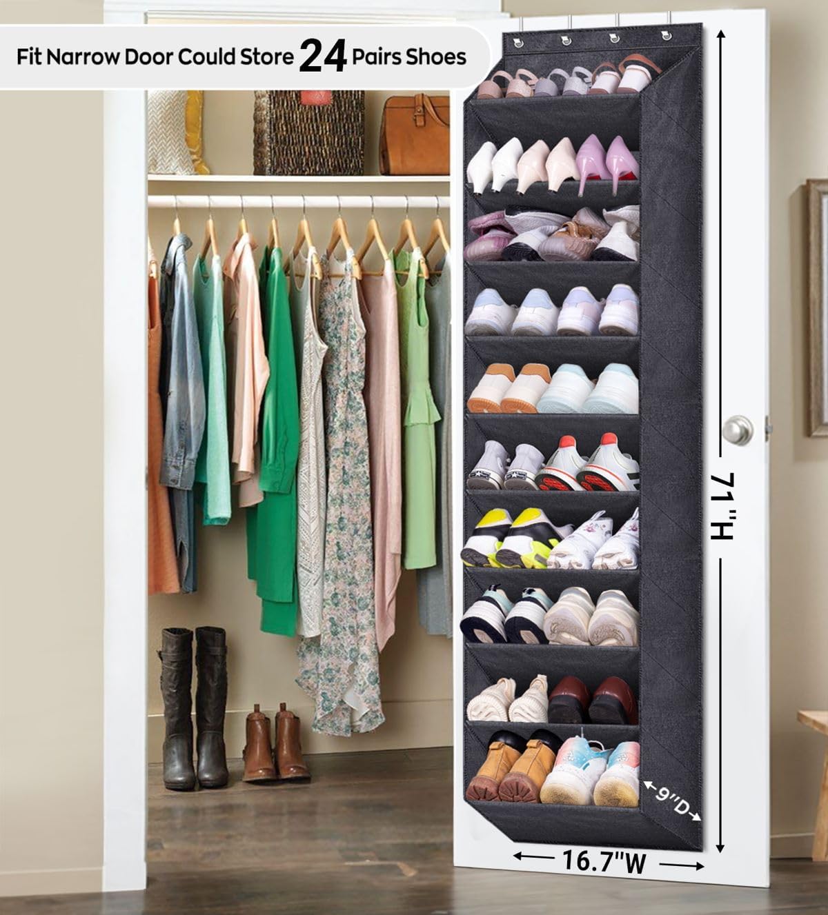 SLEEPING LAMB Over The Door Shoe Organizer for Closet with Large Deep Pockets, Narrow Shoe Rack for Door Hanging Boots Storage, Black