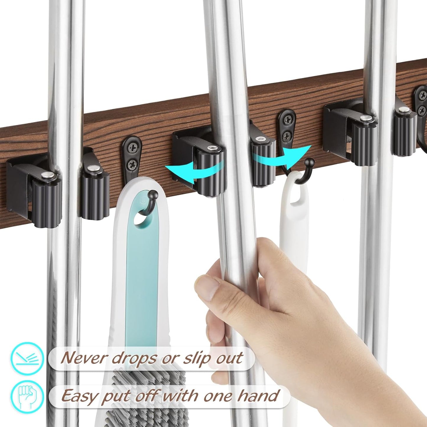 2 Pack Mop Broom Holder Wall Mount with 3 Slots & 4 Hooks - Rustic Wood Broom Mop Hanger for Pantry Kitchen Organization - Garden Tool Organizer for Closet Laundry Room