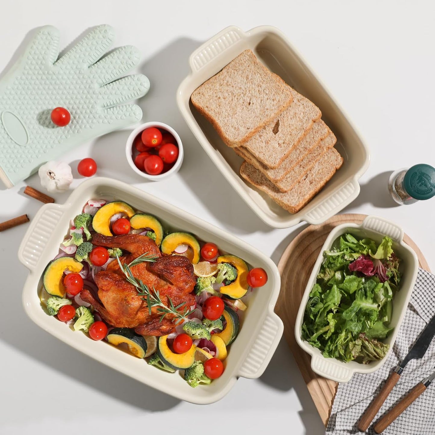 Sweejar Baking Pans Set, Ceramic 9x13 Baking Dish with Handle, Rectangular Casserole Dishes for Oven, Bakeware Sets of 3, Durable Lasagna Pan Deep for Kitchen, Banquet, Wedding Gift(Beige)