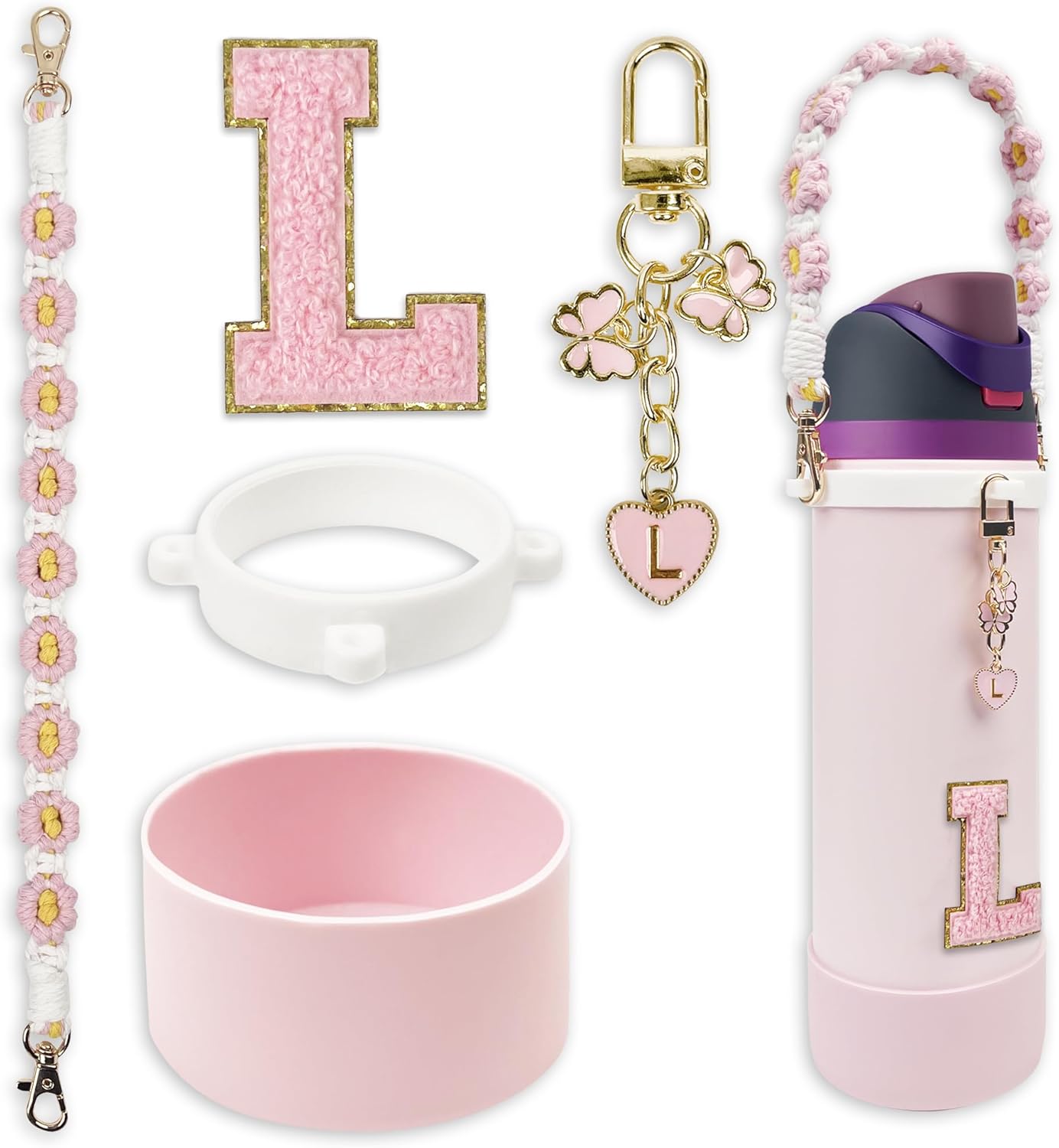 SITKOL Silicone Boot Cute Monogram Set Compatible with Owala Water Bottle 24 oz, 32 oz, 40 oz - Perfect Letter Owala Accessories for Owala Tumbler, Owala Free Sip, Pink Owala, Black Owala