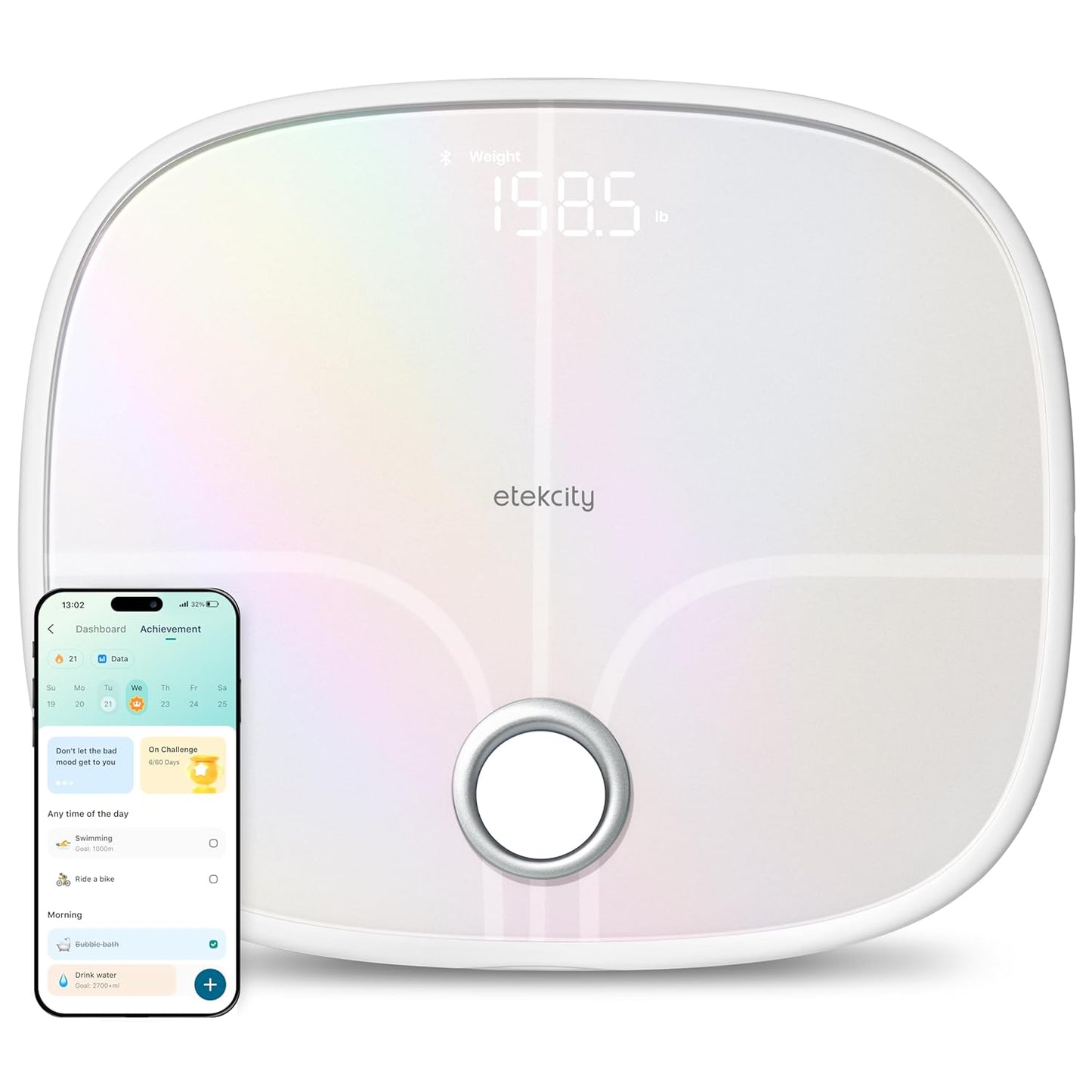 Etekcity Smart Rechargeable Scale for Body Weight, BMI, Fat, Muscle Mass, FSA&HSA Eligible, Digital Bathroom Scale with 13 Metrics, Secret Mode, Bluetooth Connect to Free Apps, Rainbow White