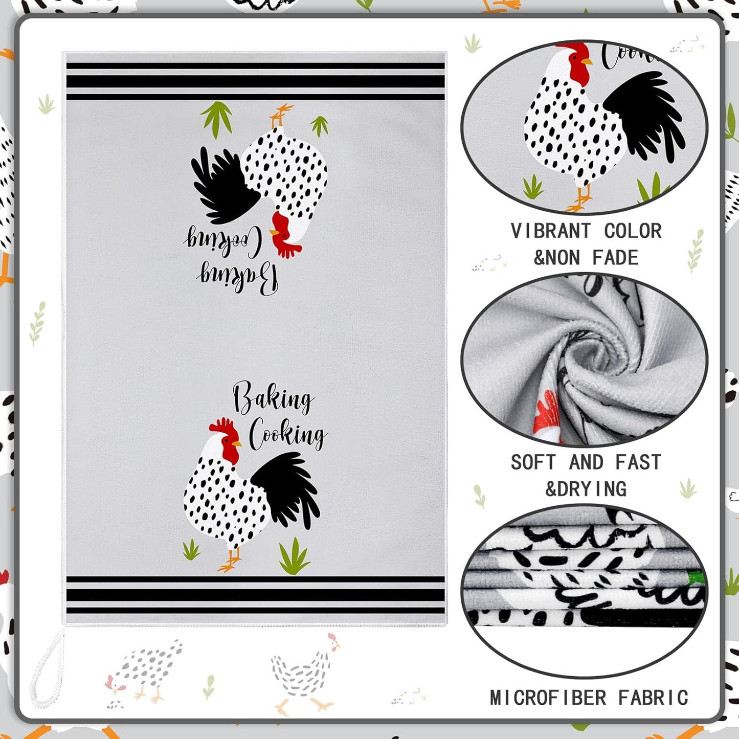 Boyiee Set of 6 Farm Chickens Kitchen Towels Farmhouse Absorbent Dish Tea Towels Rustic Country Rooster 24 x 16 Inches Gifts Chickens Hand Washcloth Gifts for Kitchen Bathroom Decorations