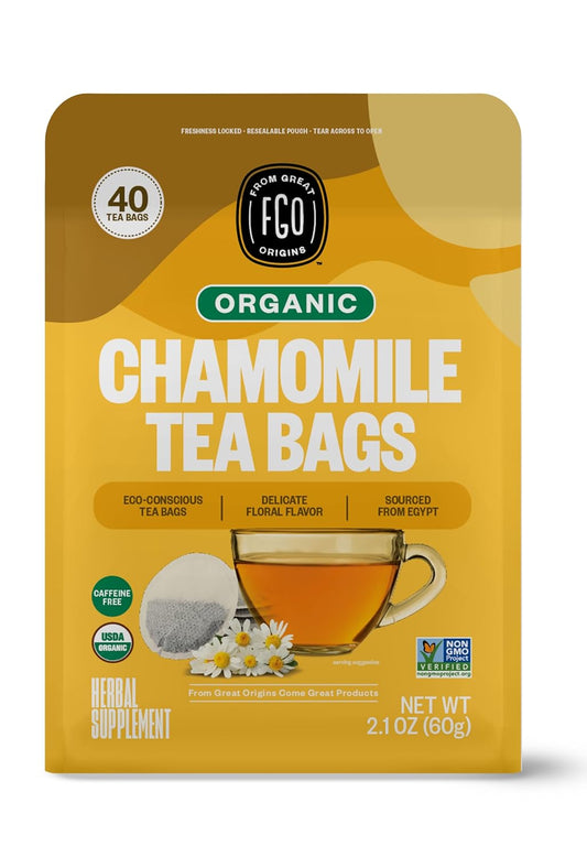 FGO Organic Chamomile Tea, 40 Count, Eco-Conscious Tea Bags, Resealable Bag (Pack of 1)