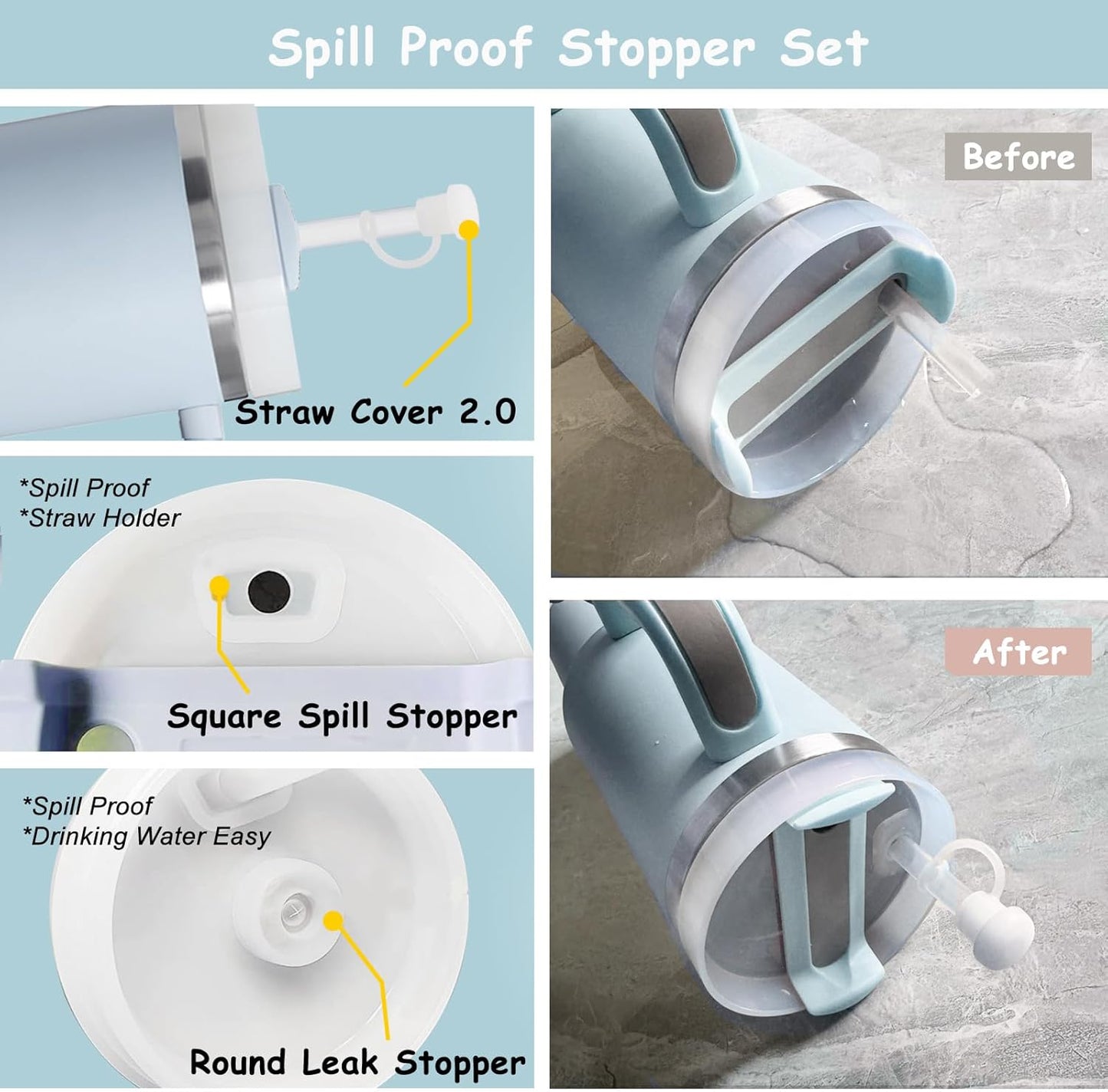 Stanley Cup Accessories Set,Including 2 Pcs 0.4in Straw Cover, 1 Silicone Spill-Proof Stopper Set of 3, 1 Cute Flower Handle Charm, 1 Silicone Boot Fits Stanley 40&30 Oz Tumbler (Blue)