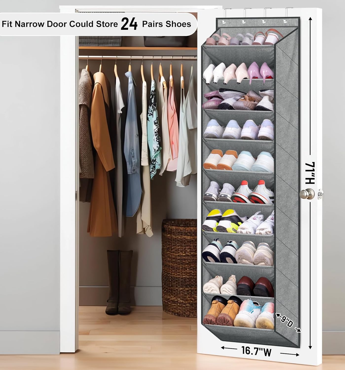 SLEEPING LAMB Over The Door Shoe Organizer for Closet with Large Deep Pockets, Narrow Shoe Rack for Door Hanging Boots Storage, Grey