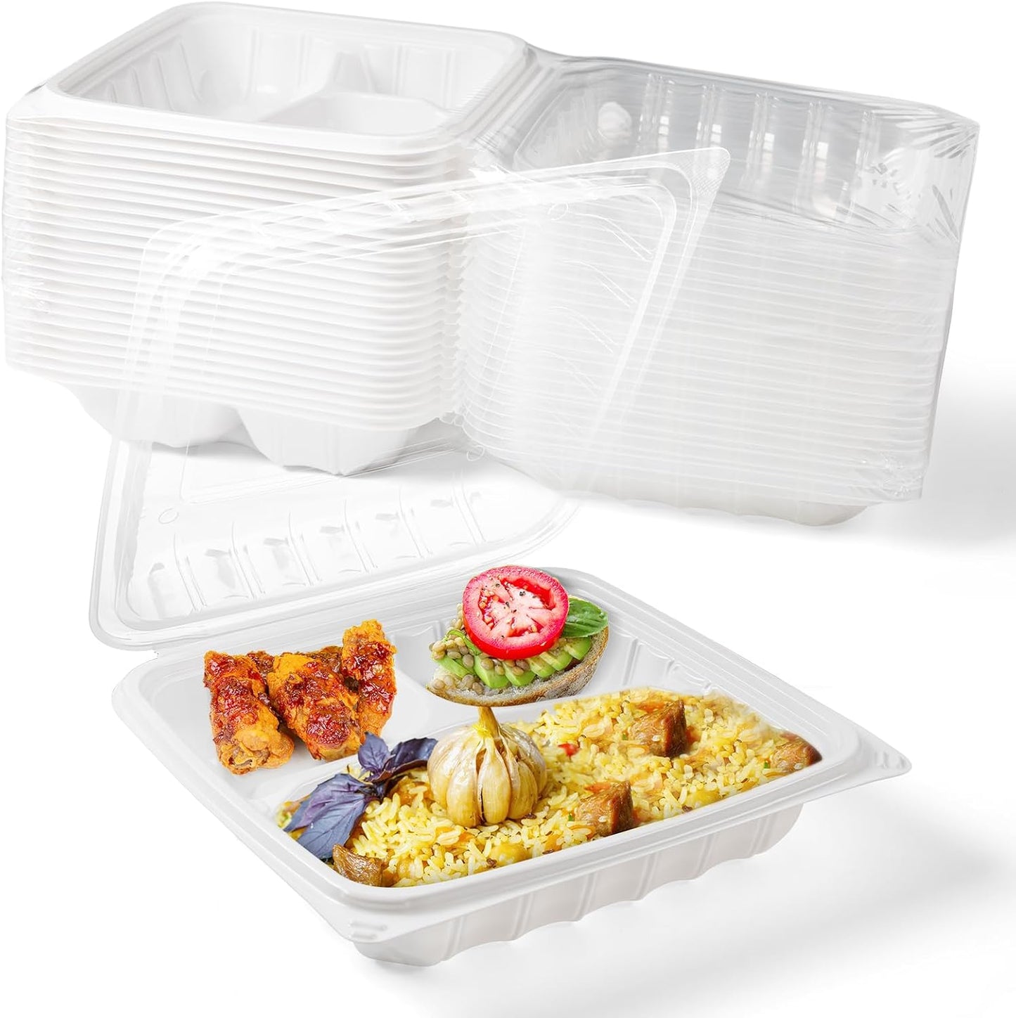 YANGRUI Plastic Containers 8" 34 oz 25 Pack - Reusable Fog Free Crystal Lid Technology | BPA Free PP Freezer & Microwave Safe Shrink-Sealed Takeout Box | White Restaurant 3 Compartment Food Container
