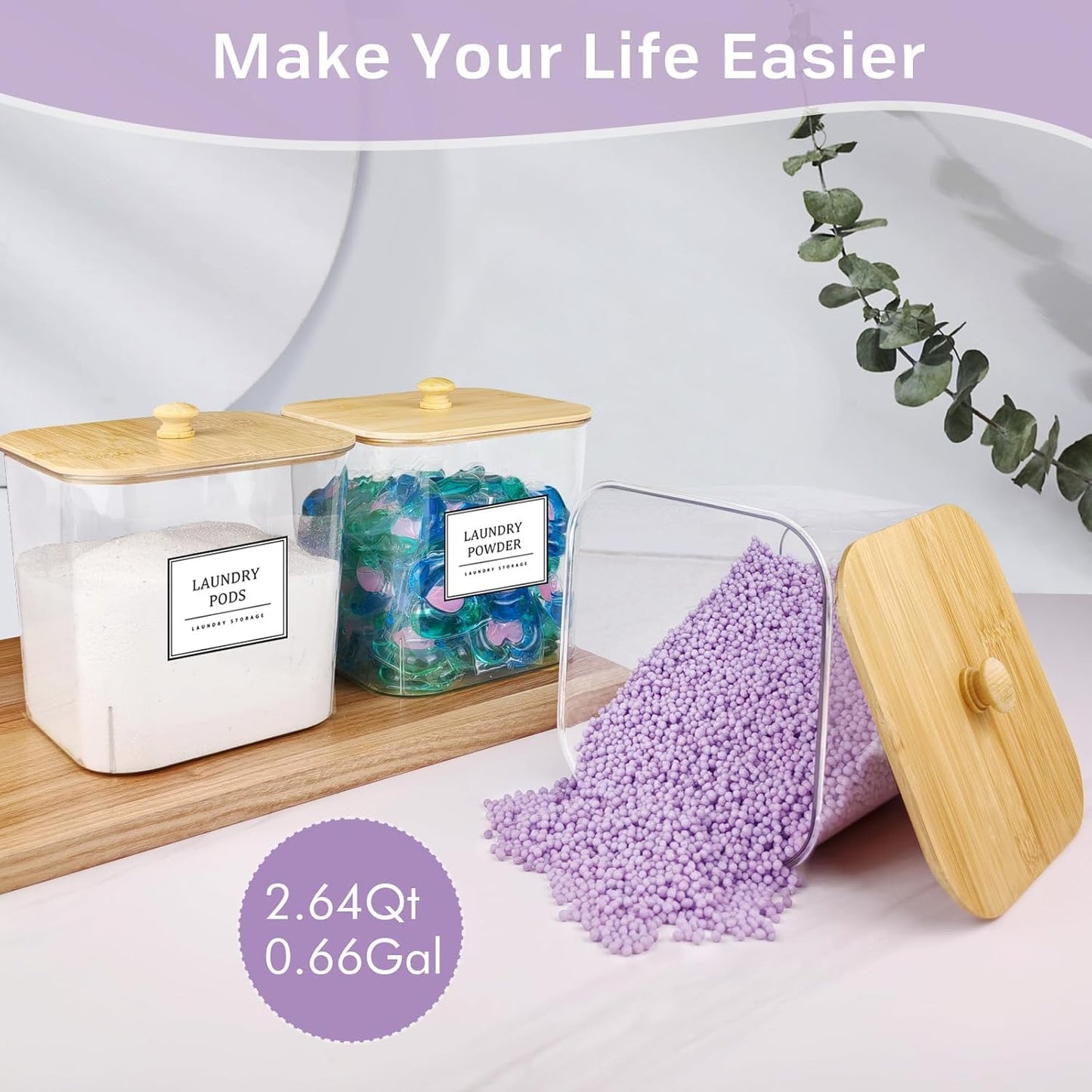 2 Pack Laundry Pods Container,Laundry Room Organization and Storage Containers with Wooden Lids & Labels Large Laundry Detergent Container for Powder,Scent Booster,Pods,Dryer Ball