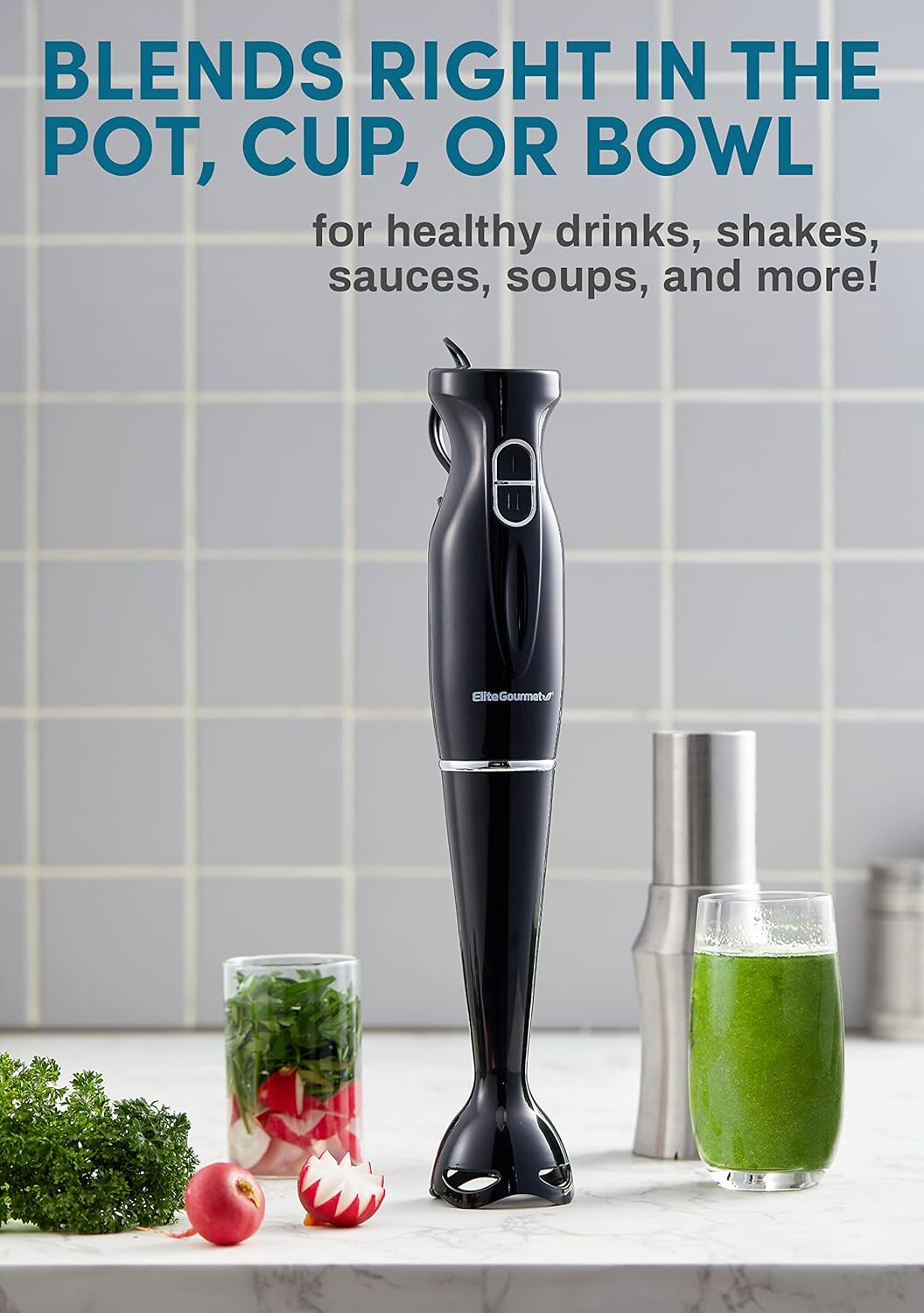 Elite Gourmet EHB1023 Immersion Hand Blender 300 Watts 2 Speed Mixing with Detachable Blades, Detachable Wand Stick Mixer, Smoothies, Baby Food, Soup, Black
