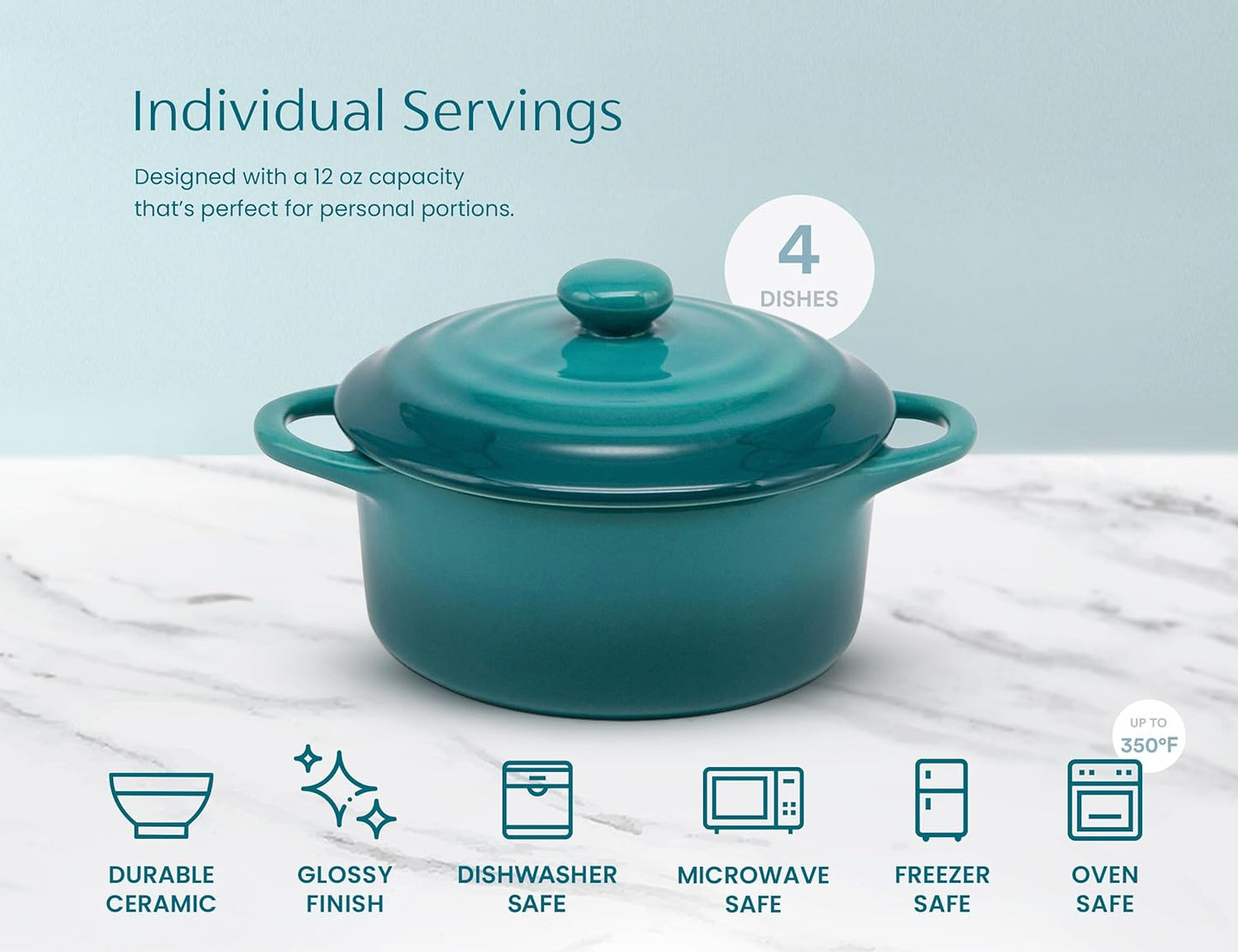 Kook Ceramic Mini Cocotte Set, Small Casserole Dishes with Lids and Handles, Individual Baking Ramekins, Oven, Microwave & Dishwasher Safe, Stoneware, 12 oz, Set of 4 (Aqua Ombre)