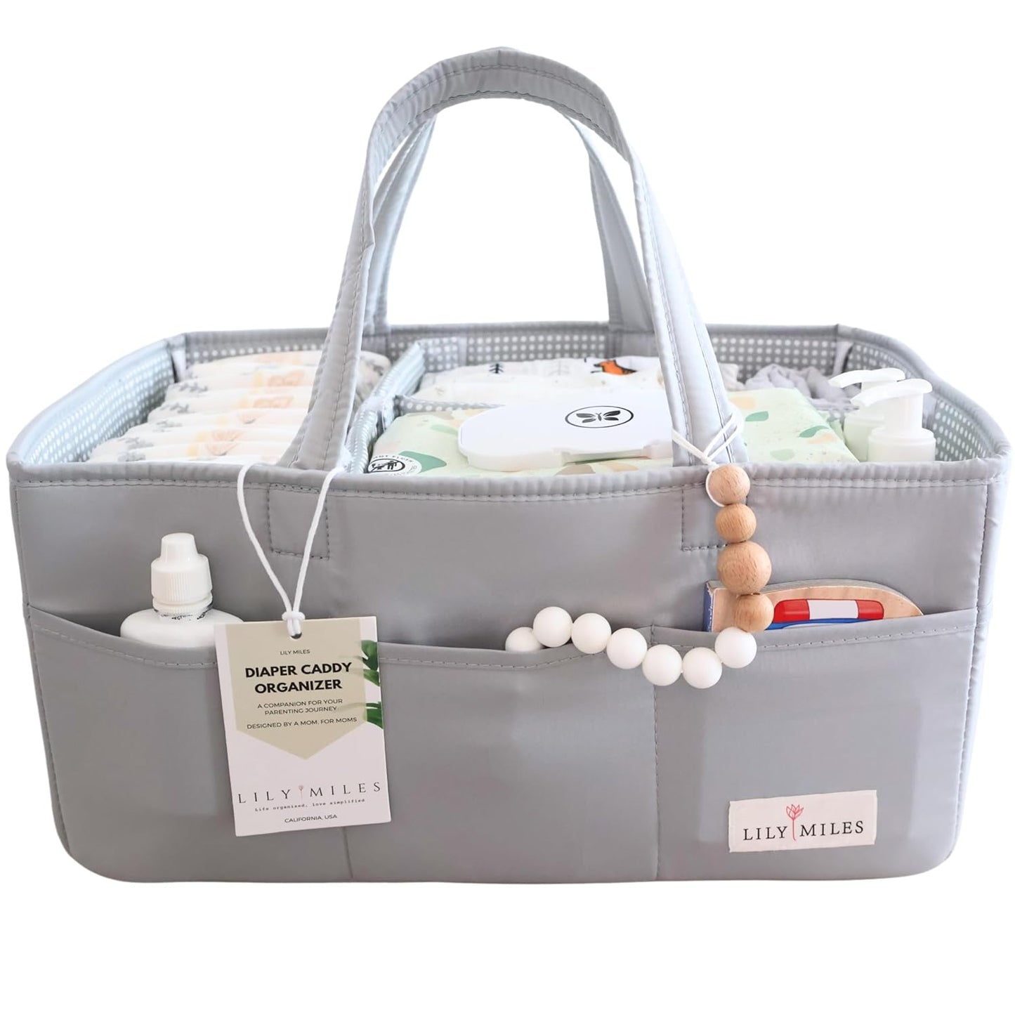 Lily Miles Diaper Caddy Organizer with 8 Pockets, Wipeable Baby Caddy Basket for Diapers and Wipes, Baby Registry Favorites, Nursery Tote Bag for Changing Table or Car (Heather Grey, Large)