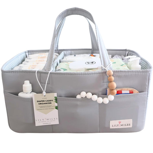 Lily Miles Diaper Caddy Organizer with 8 Pockets, Wipeable Baby Caddy Basket for Diapers and Wipes, Baby Registry Favorites, Nursery Tote Bag for Changing Table or Car (Heather Grey, Large)