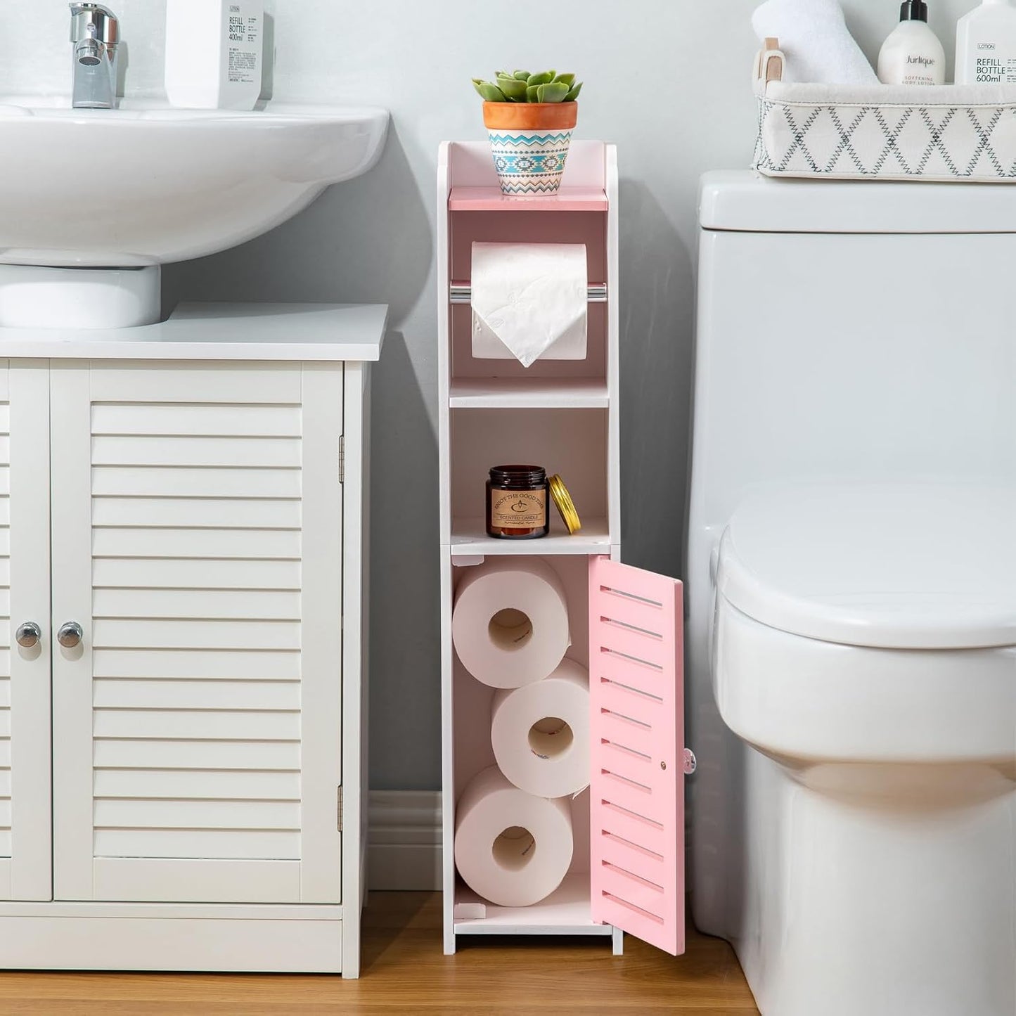 AOJEZOR Toilet Paper Holder Stand: Small Bathroom Storage Cabinet - Rose Dawn - White