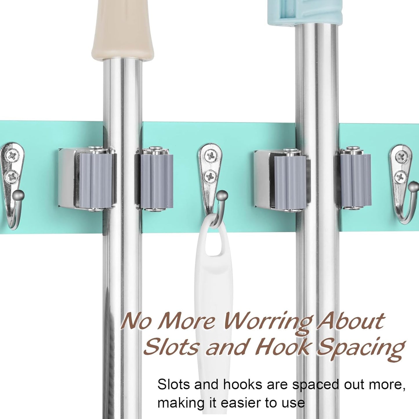 Turquoise Mop Broom Holder Wall Mount with 4 Slots & 4 Hooks - Wood Broom Mop Hanger for Pantry Closet Laundry Room Organization - for Teal Kitchen Decor and Accessories