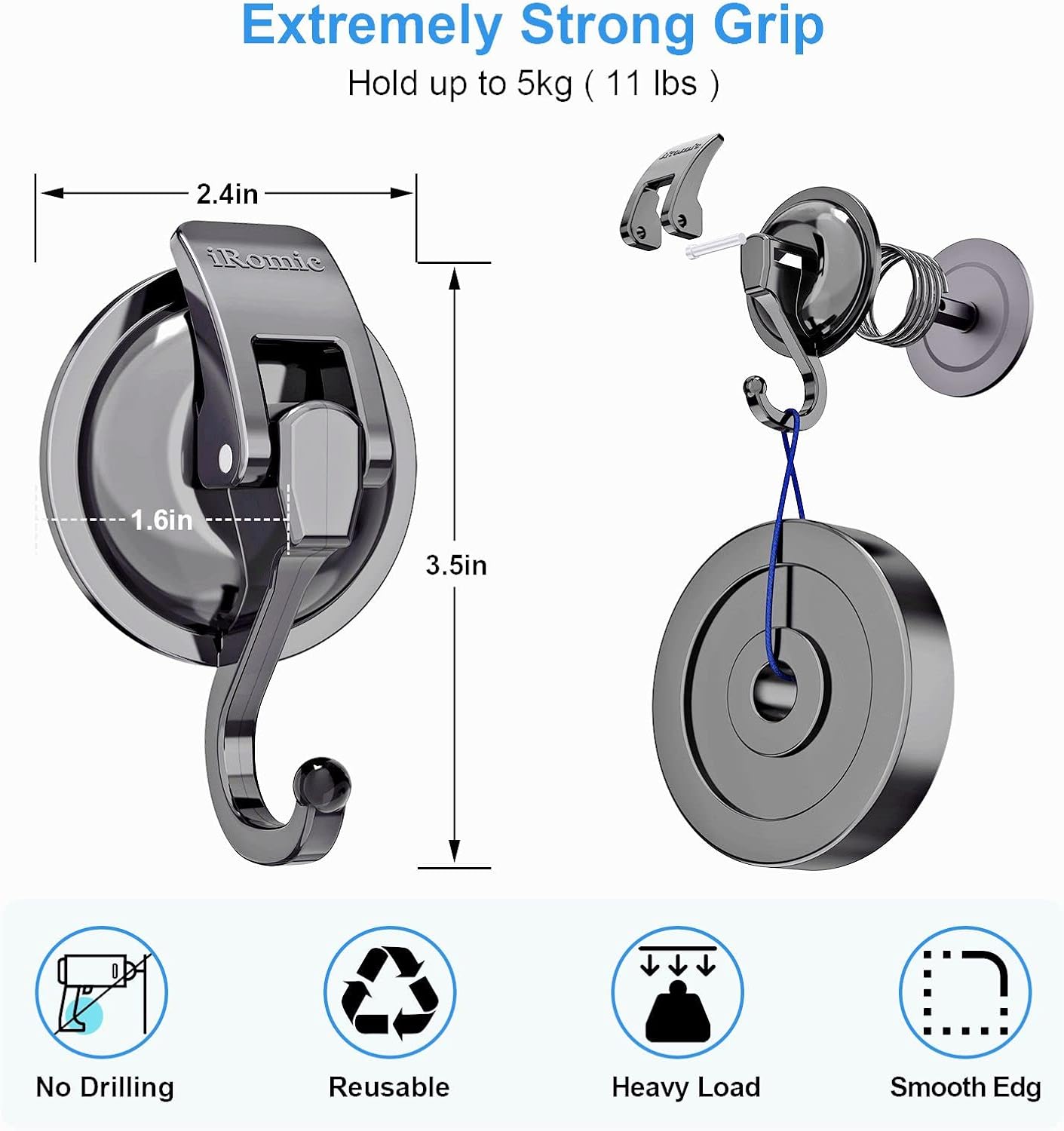 Heavy Duty Vacuum Suction Cup Hooks (2Pack) for Shower,Glass Window,Kitchen&Bathroom&Restroom Organization，Gun Silver.