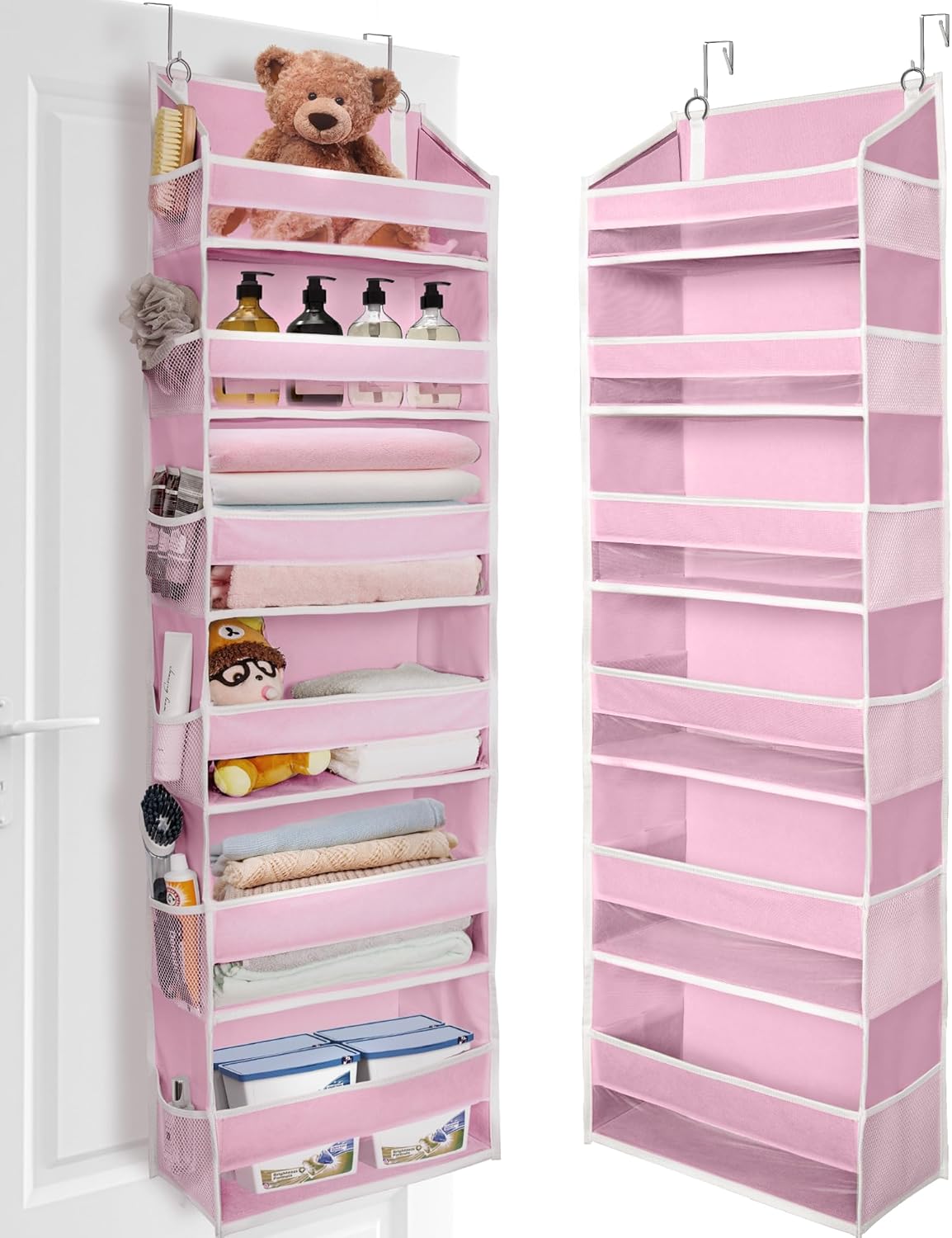 ULG Over The Door Organizer with 6 Large Pockets 12 Side Pockets, 50lbs Weight Capacity Door Hanging Storage Organizer for Bedroom, Bathroom, Pantry, Nursery Storage, Pink