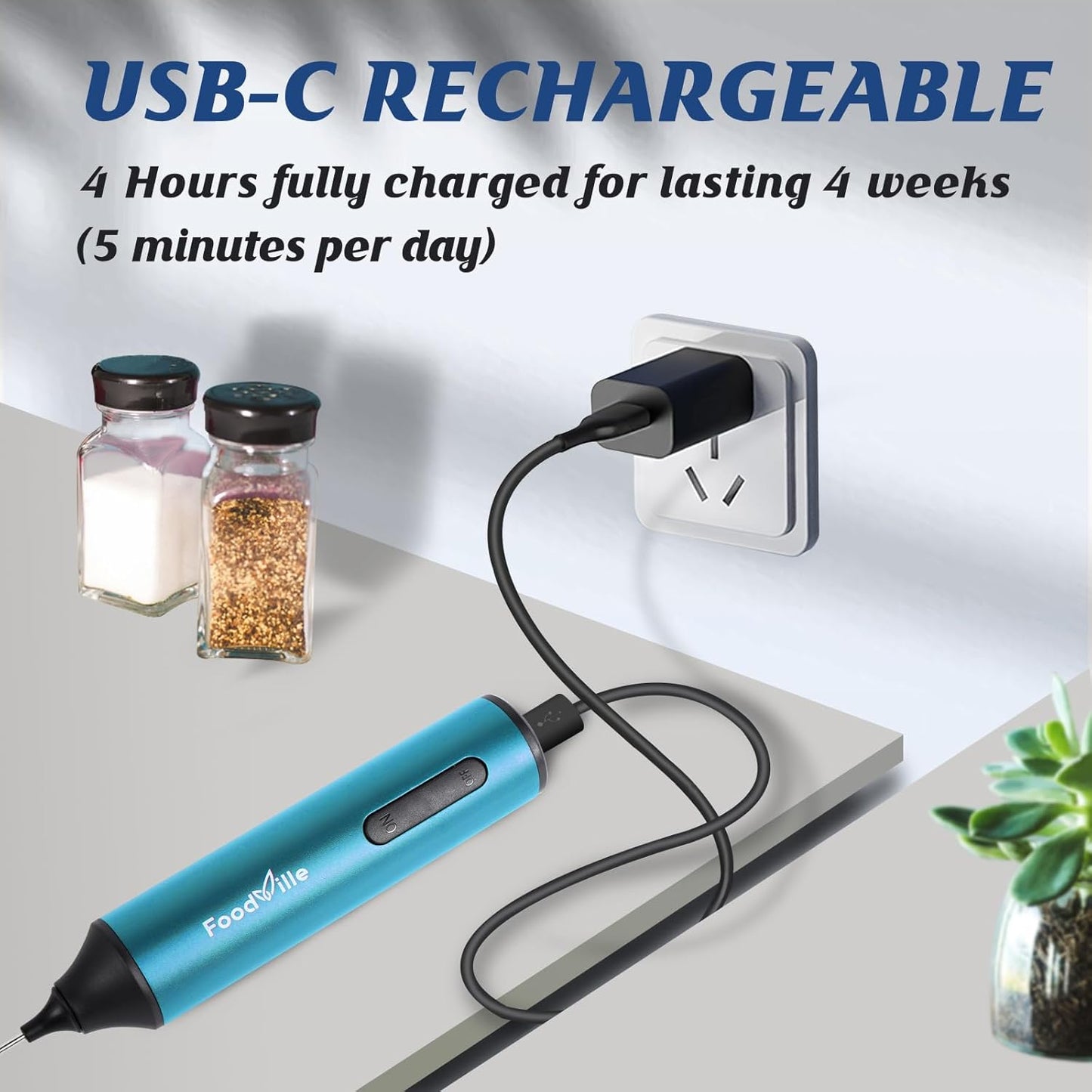 MF05 Rechargeable Milk Frother USB Charging Handheld Foam Maker with Stainless Balloon Whisk for Cappuccino, Latte, Bulletproof Coffee, Keto Diet, Protein Powder, Matcha (Azure Blue)