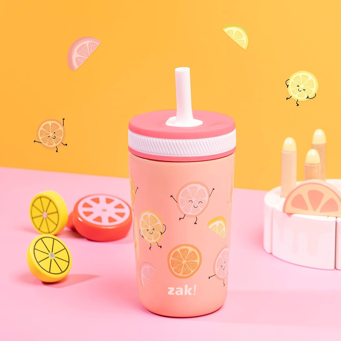 Zak Designs Kelso Tumbler Toddler Cup For Travel or At Home, 12oz Vacuum Insulated Stainless Steel Sippy Cup With Leak-Proof Design is Perfect For Kids (Happy Fruit)