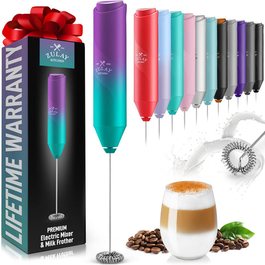 Zulay Kitchen Powerful Milk Frother Wand - Mini Handheld Stainless Steel - Battery Operated Drink Mixer for Coffee, Lattes, Cappuccino, Matcha - Froth Mate Gift - Aurora