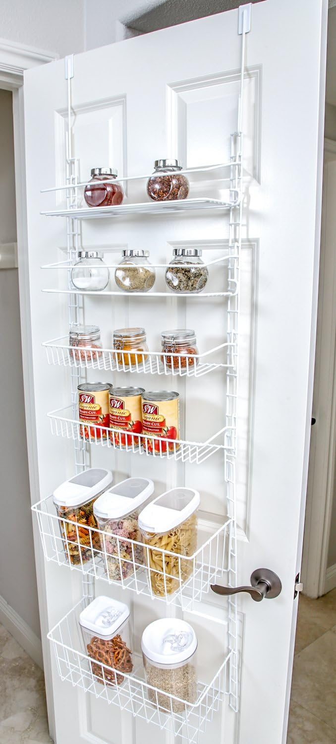 Smart Design Over The Door Adjustable Pantry Organizer Rack w/ 6 Adjustable Shelves - Steel Metal - Hanging - Wall Mount - Cans, Spice, Storage, Closet - Kitchen [White]