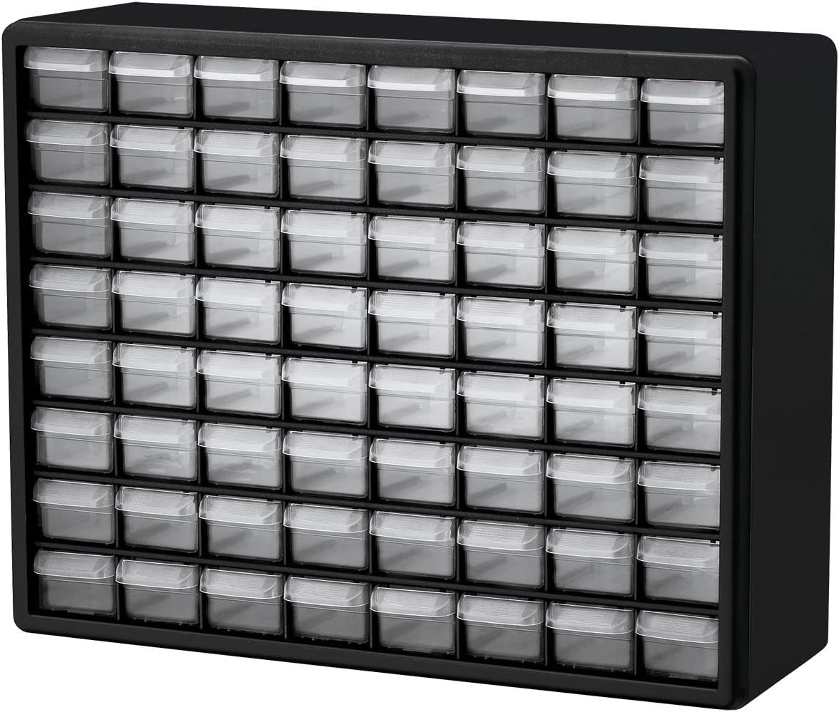 Akro-Mils 64-Drawer Plastic Drawer Storage Cabinet for Garage Organization, Bead Organizer, Building Bricks Storage, Teacher Toolbox, Makeup Organizer, 20" W x 6" D x 16" H, 10164 Black