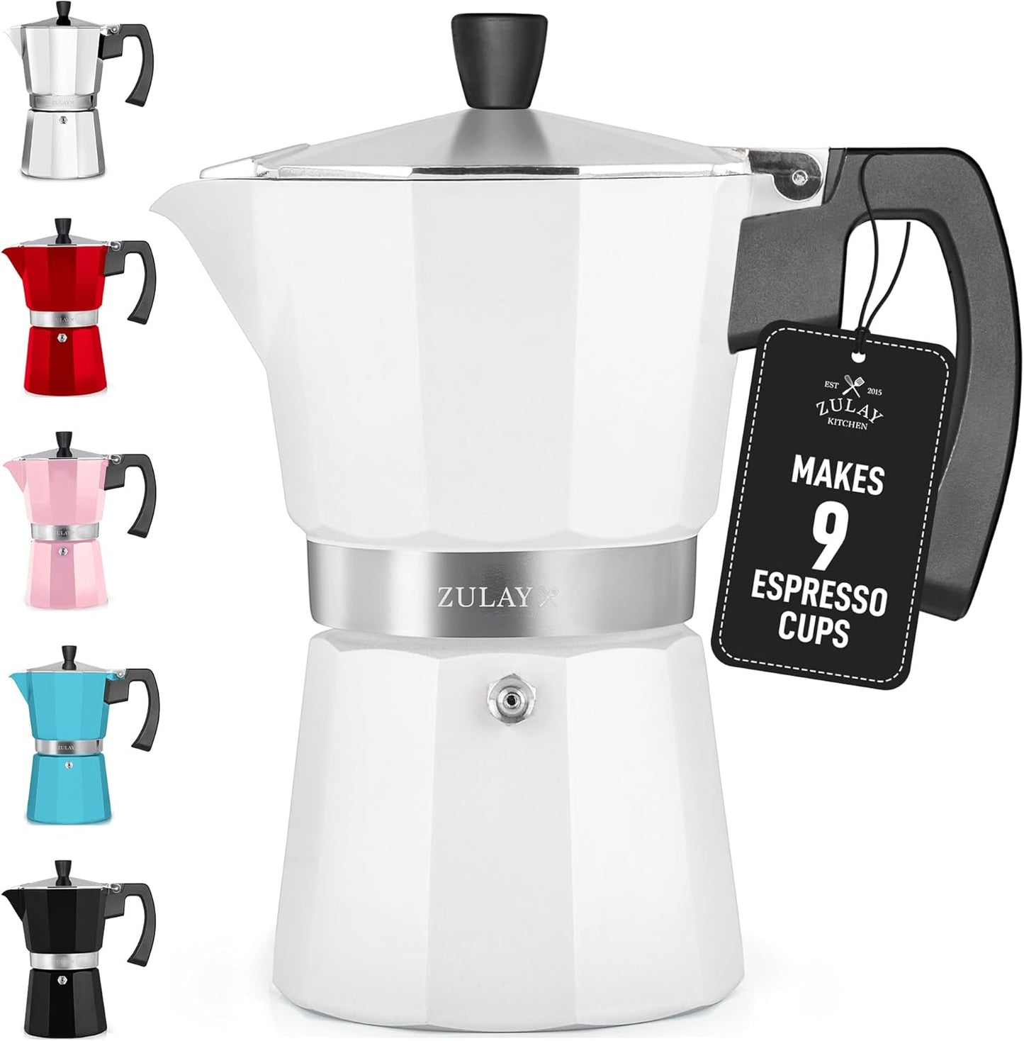 Zulay Moka Pot Espresso Stovetop Coffee Maker - Leak-Proof, Stainless Steel, Easy to Clean, Heat Resistant Handle & Knob - for Authentic Cuban & Italian Style Espresso - Makes 9 Espresso Cups - White