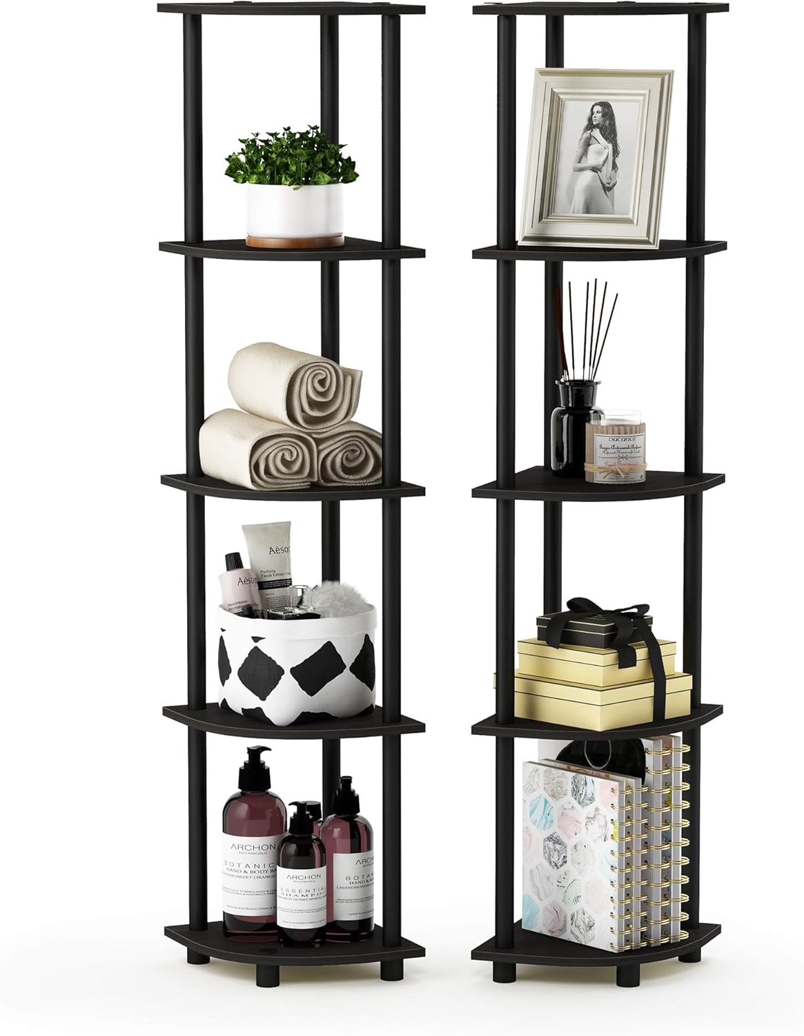 Furinno TURN-N-TUBE Corner Shelf Set of 2, 5-Tier Corner Bookshelf, Open Storage Shelves, for Organization and Storage, Living Room, Home Office, Garage, Espresso