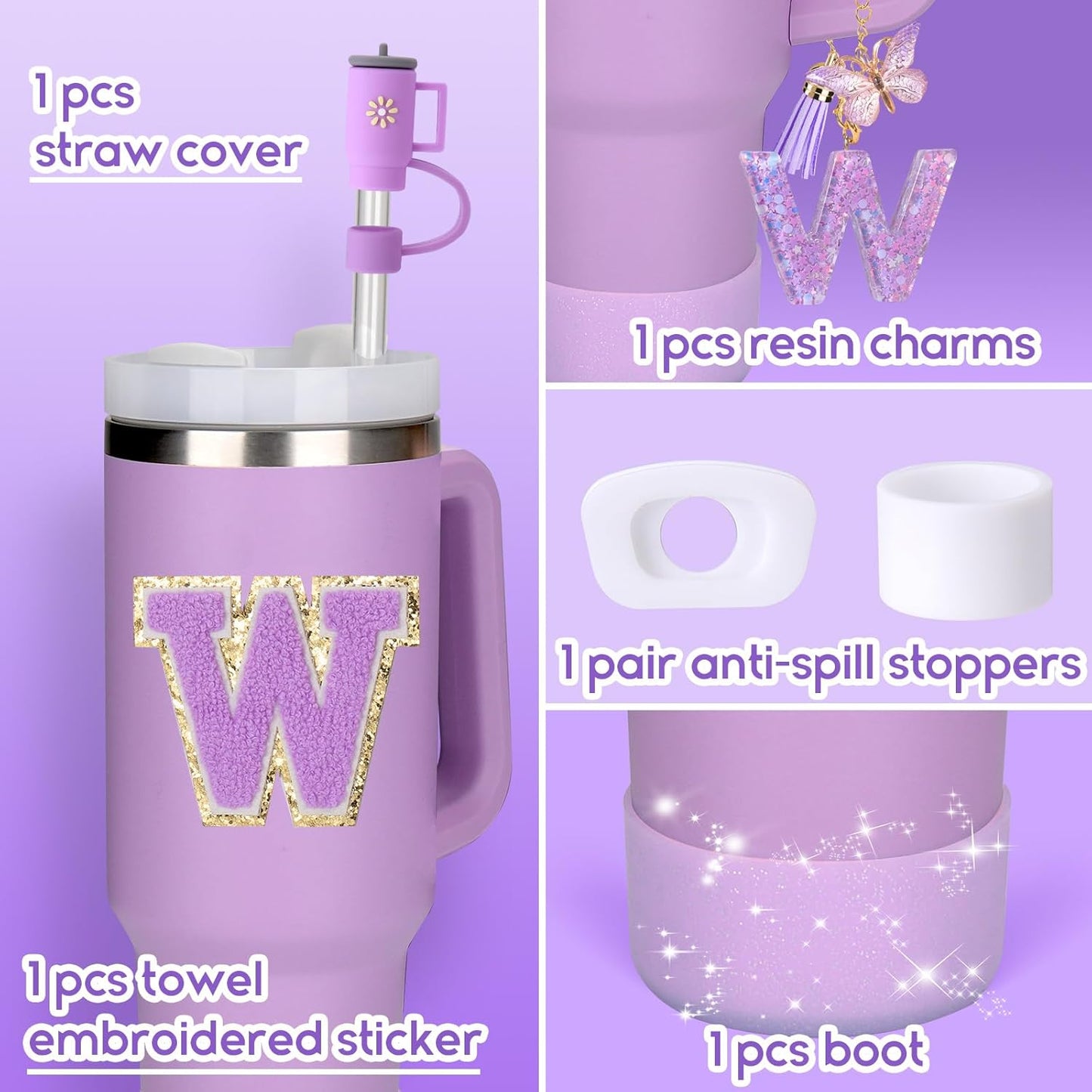 Mity rain 6PCS Cup Accessories Set for Stanley Cup 30oz 40oz tumbler with handle, Including Silicone Straw Topper Cover Cap and Boot, Spill Proof Stopper, Handle Charm, Initials Sticker (Letter W)