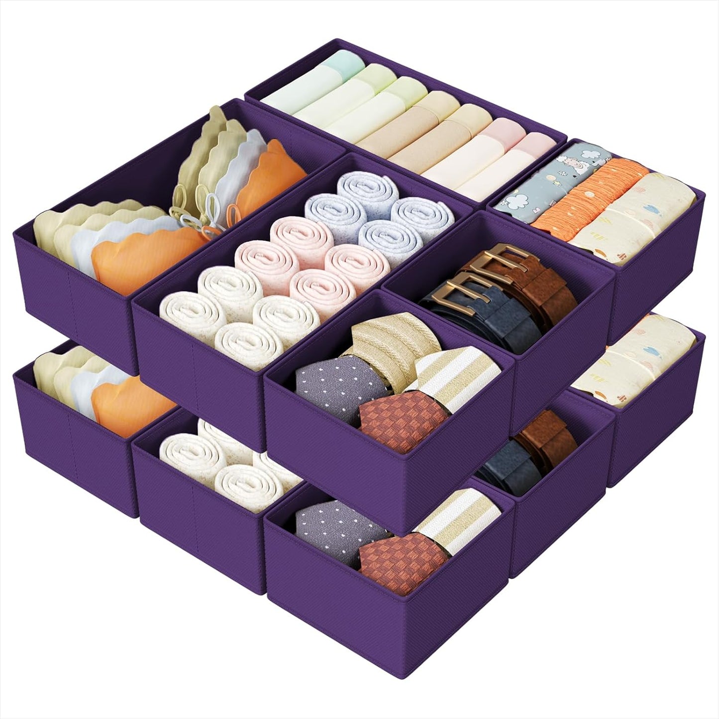 DIMJ Drawer Organizers Clothes, Set of 12 Dresser Organizer Bins, Fabric Closet Organizers and Storage, Shallow Drawer Dividers for Nursery, Clothing, Baby Clothes, Socks, Underwears, Tie (Purple)