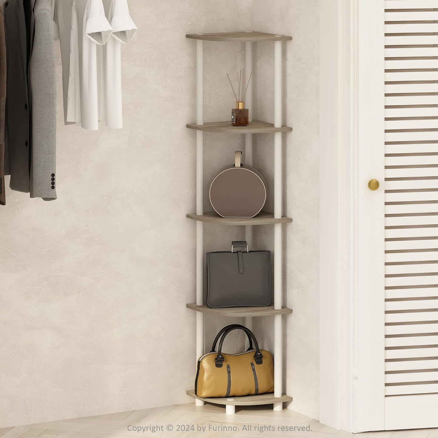 Furinno Turn-N-Tube Corner Shelf, 5-Tier Corner Display Rack, Shelving Unit, for Organization and Storage, Living Room, Home Office, Garage, Bedroom, Sonoma Oak