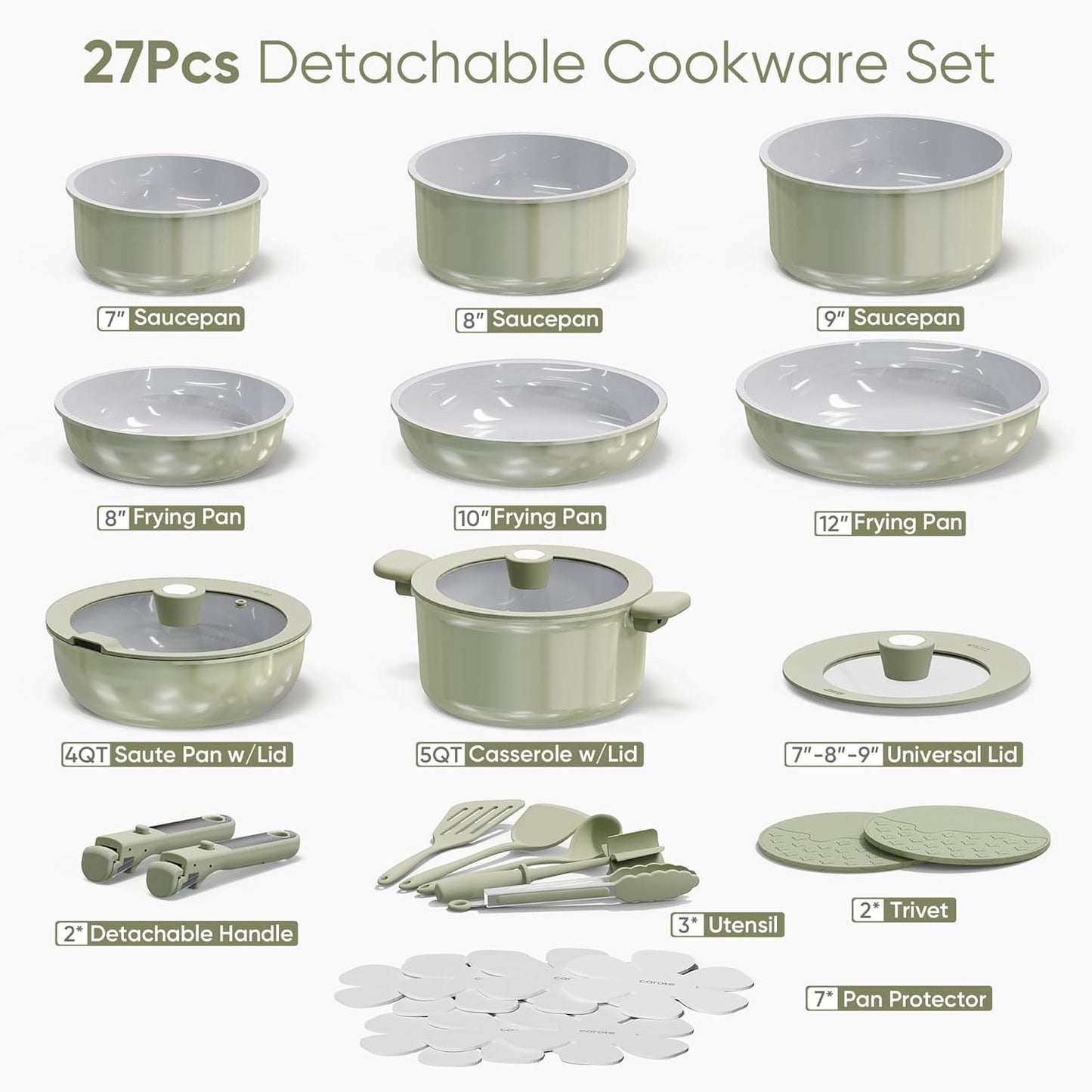 CAROTE 27pcs Ceramic Cookware Set Nonstick, Pots and Pans Set Non stick, Non Toxic Cookware, Dishwasher/Oven Safe, RV/Camping Cookware Set, Pan and Pot with Kitchen Utensils, Green