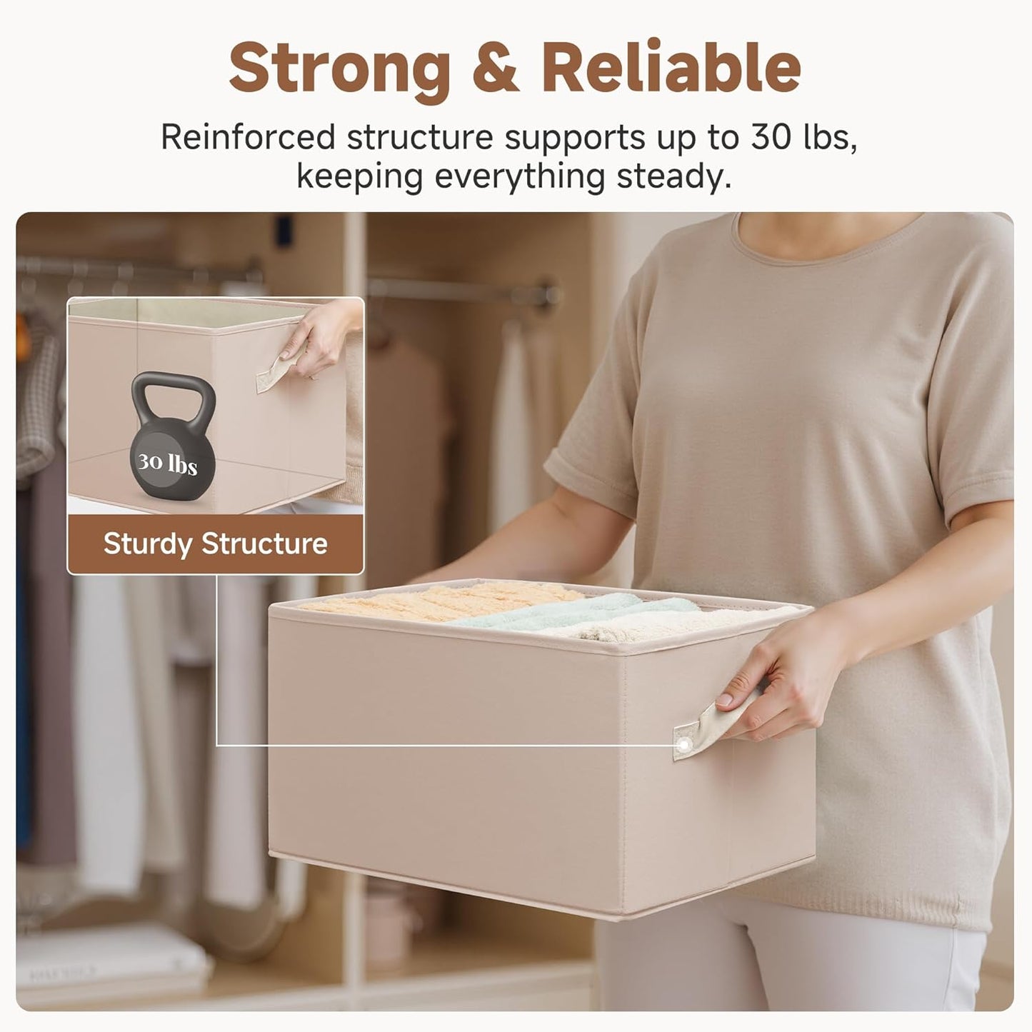 StorageWorks Storage Baskets for Shelves, Foldable Fabric Closet Storage Bins with Handles, Fabric Storage Bins Clothes Organizer, Light Brown, 3-Pack, Large