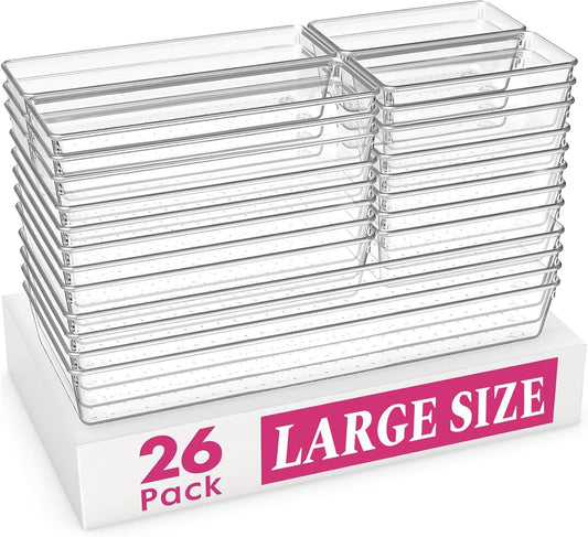 Criusia 26 Pack Large Clear Plastic Drawer Organizer Bins -5 Size Heavy Duty Acrylic Kitchen Drawer Organizers and Storage for Utensils -Bathroom Drawer Organizer Trays for Makeup Office Organization