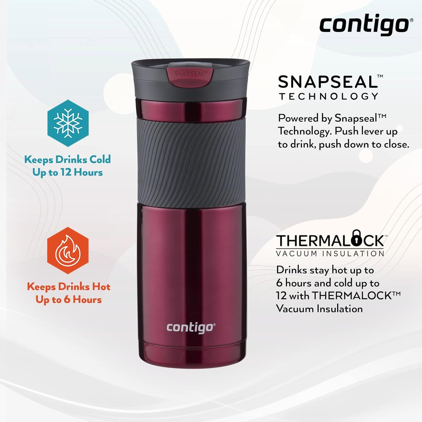 Contigo Byron Snapseal Travel Mug, Stainless Steel Thermal mug, vacuum flask, leakproof tumbler, coffee mug with BPA free Easy-Clean Lid, 470 ml, Vivacious
