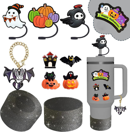 Stanley Cup Accessories Set,Including 3 Pcs 0.4in Halloween Straw Cover, 5 Pcs Halloween 3D&Flat Stickers, 1 Pcs Handle Charm, 1 Silicone Boot Fits Stanley 40&30 Oz Tumbler (Glitter Black)
