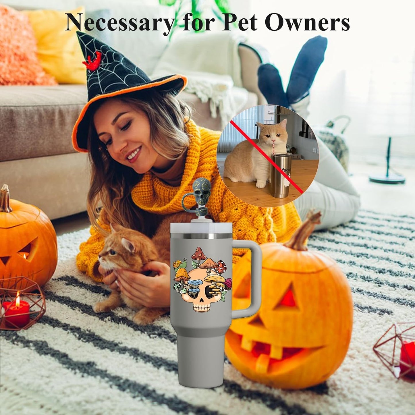 Skull Straw Cover Caps for Halloween Stanley Cup - 3 Pcs Silicone Straw Toppers Cool 10mm Straws Accessories Day of the Dead Gift for Boys