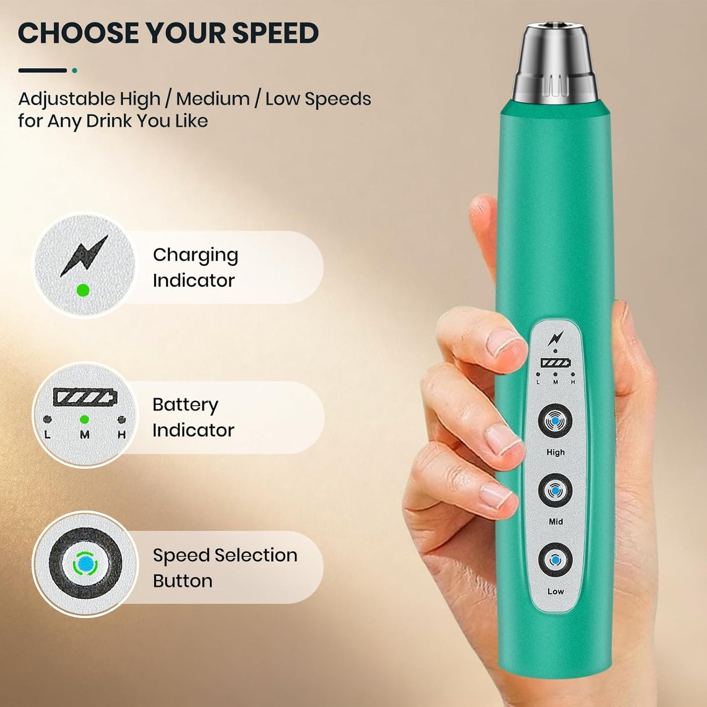 Milk Frother Handheld Rechargeable with Stand, Frother Wand Drink Mixer Electric Whisk for Coffee, Detachable With 3 Stainless Whisks, Hand Mixer for Lattes, Cappuccino, Matcha, Egg, Green