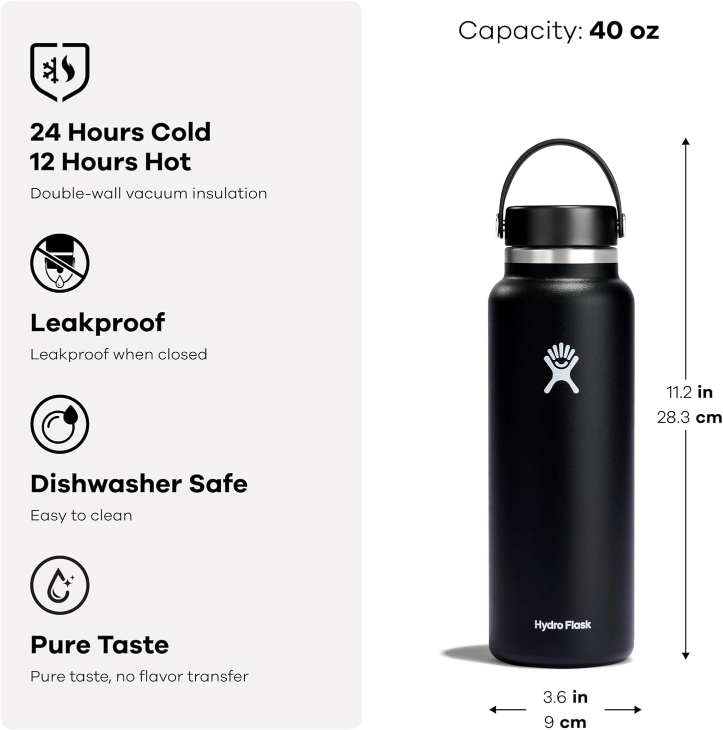 Hydro Flask Water Bottle - Insulated Stainless Steel - Wide Mouth Flex Lid, Non Spill, Leakproof and Refillable in 40 Oz Sandpiper