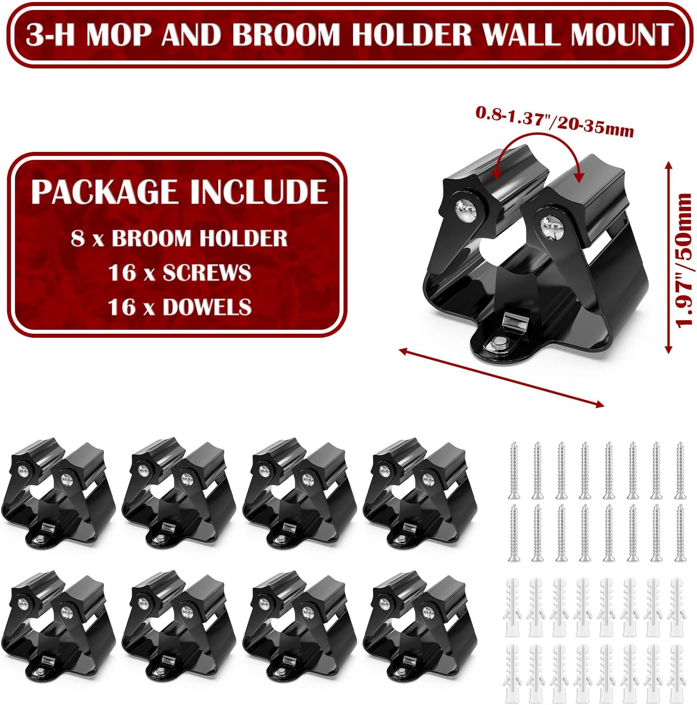 3-H Broom Holder Wall Mount 8 Pack, Mop and Broom Holder for Garage Garden Shed Storage System Laundry Room Home Kitchen Organization (Black)