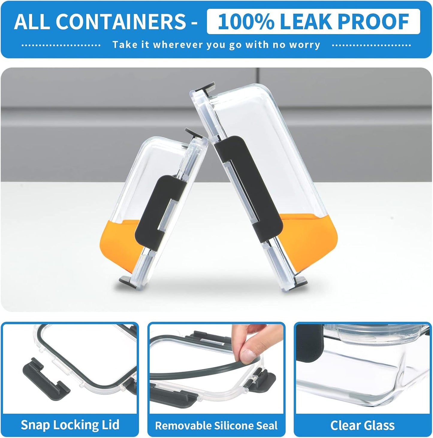 10-Pack Glass Food Storage Containers with Lids [Air-Tight,Leak-Resistant] Glass Containers for Food Storage, Meal Prep, Microwave, Freezer, Dishwasher Safe