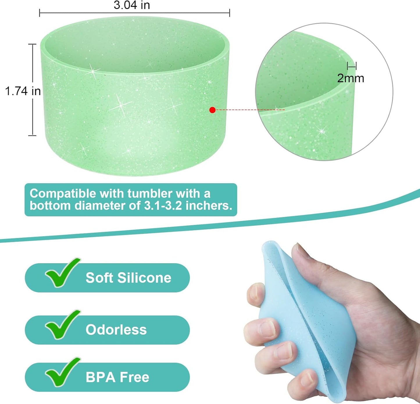 Upgrade 2PCS Protective Silicone Boot Bumper for Stanley Quencher Adventure 40oz 30oz IceFlow 20oz 30oz Tumbler, Water Bottle Bottom Sleeve Cover Accessories for Stanley Mug Cup(Glitter Green)