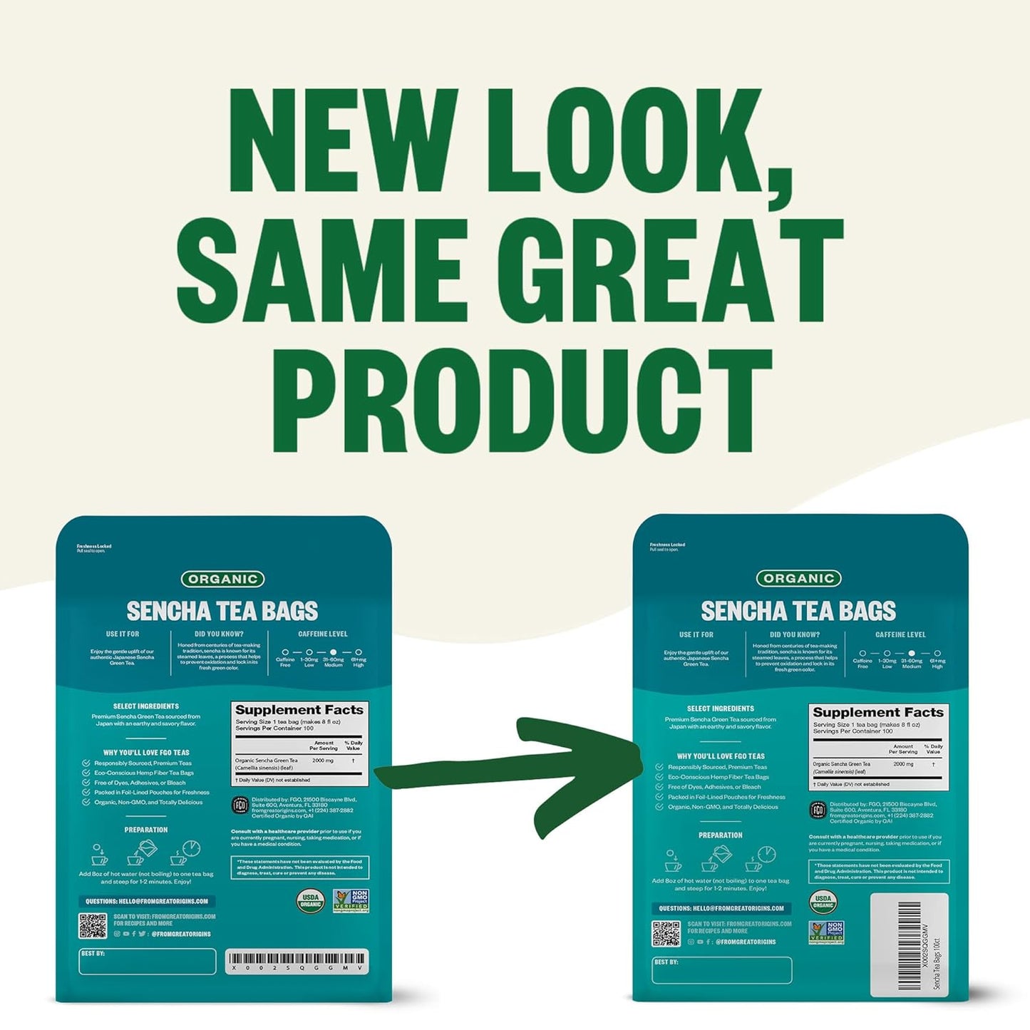 FGO Organic Sencha Green Tea, 100 Count, Eco-Conscious Tea Bags, Resealable Bag, Sourced From Japan, Packaging May Vary (Pack of 1)