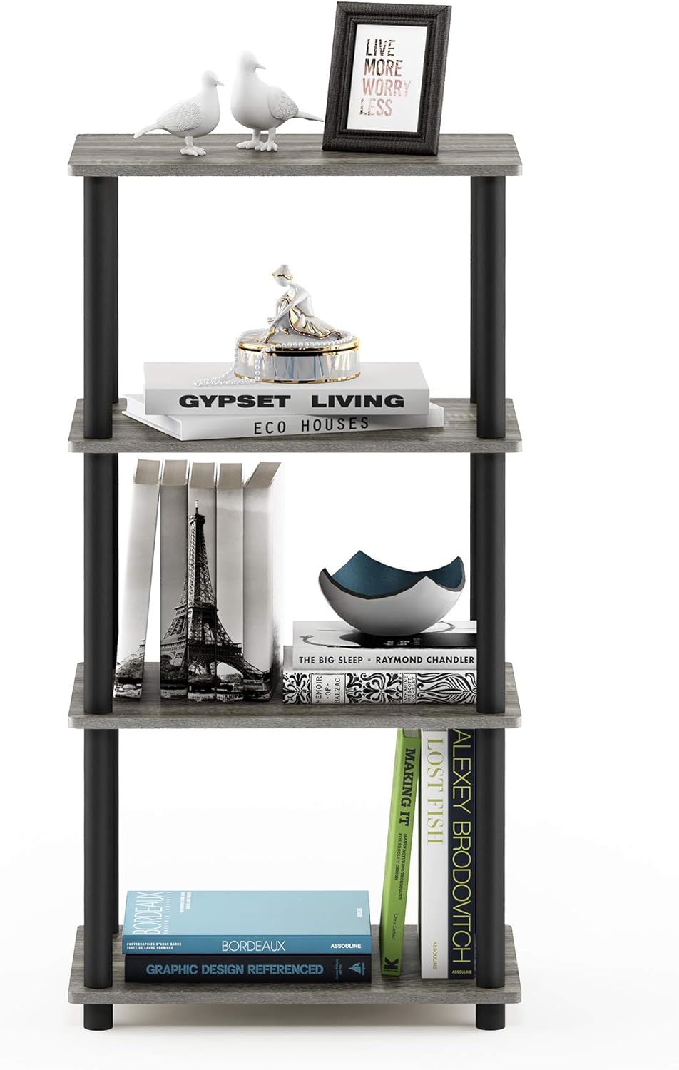 Furinno Turn-N-Tube No Tool 4-Tier Storage Shelf, Narrow, French Oak Grey/Black