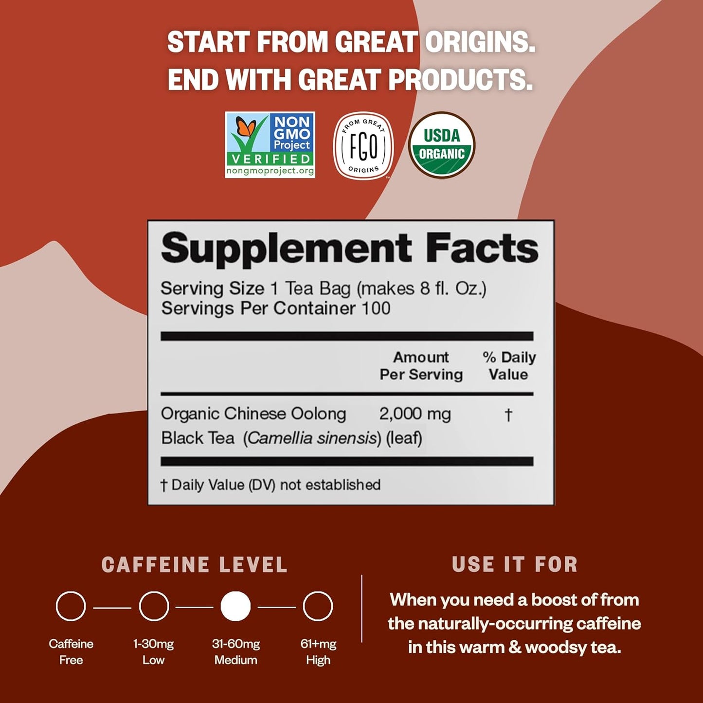 FGO Organic Oolong Tea, Eco-Conscious Tea Bags, 100 Count, Packaging May Vary (Pack of 1)