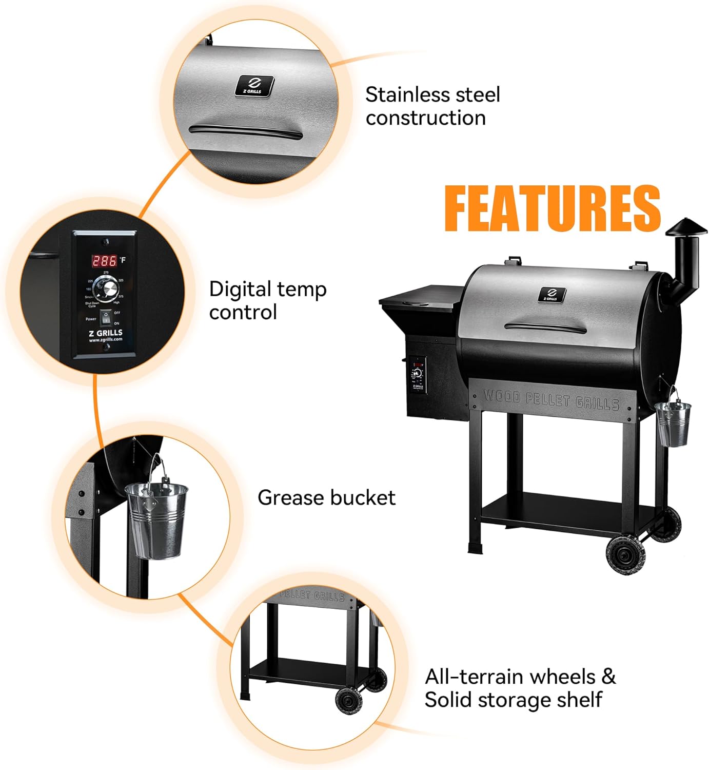 Z GRILLS Wood Pellet Smoker Grill, 8 in 1 BBQ Grill with Auto Temperature Control, 697 sq in Cooking Area for Backyard, Patio and Outdoor Cooking, 7002E, Sliver