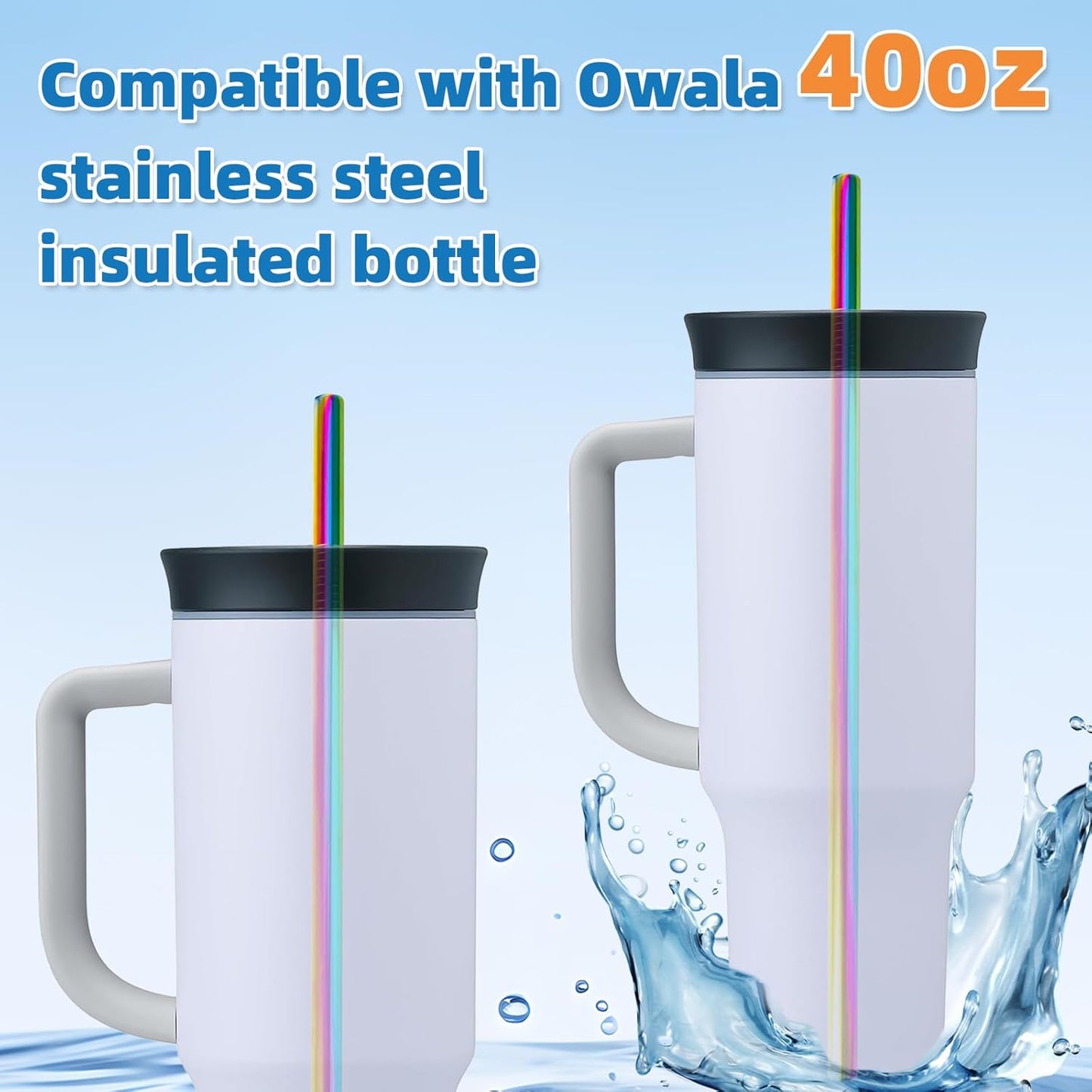Stainless Steel Straws for Owala Insulated Bottle 40oz Tumbler 6x Metal Replacement Straws 10mm with Cleaning Brush for Owala 40oz (Colorful, 6x Straight 10mm)