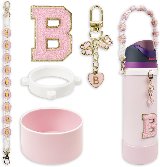 SITKOL Silicone Boot Cute Monogram Set Compatible with Owala Water Bottle 24 oz, 32 oz, 40 oz - Perfect Letter Owala Accessories for Owala Tumbler, Owala Free Sip, Pink Owala, Black Owala