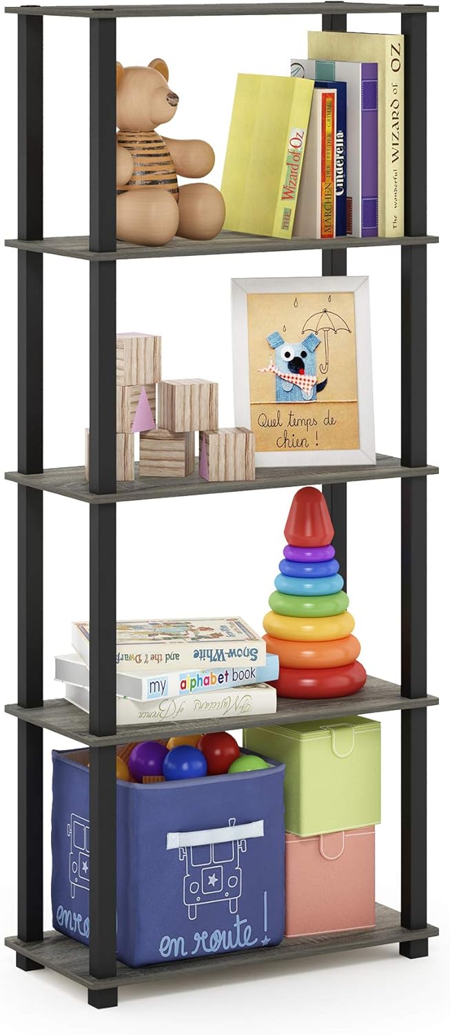 Furinno Turn-N-Tube 5-Tier Multipurpose Shelf / Display Rack / Storage Shelf / Bookshelf, Square Tubes, French Oak Grey/Black