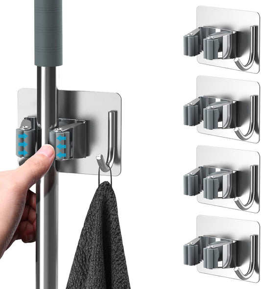 Mop Broom Holder No Drill, Mop Broom Organizer Wall Mounted Heavy Duty with Hooks Hanger, Self Adhesive Stainless Steel 4Pcs for Bathroom, Kitchen, Office (Silver)